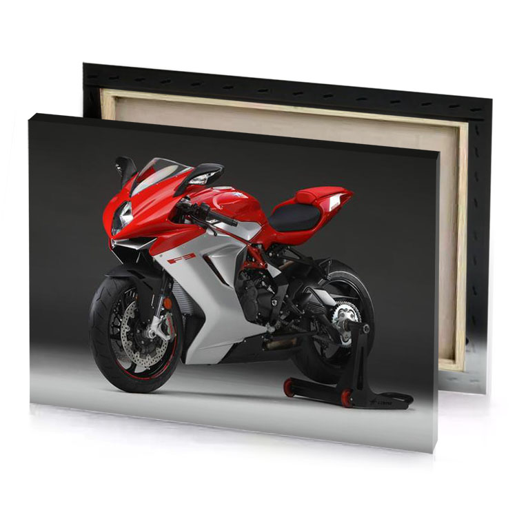 the red and white motorcycle is parked in a studio brown canvas