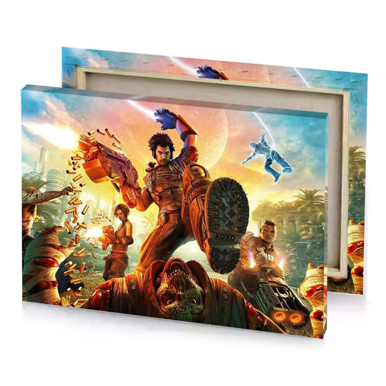 the video game s characters are surrounded by a giant saddle brown canvas