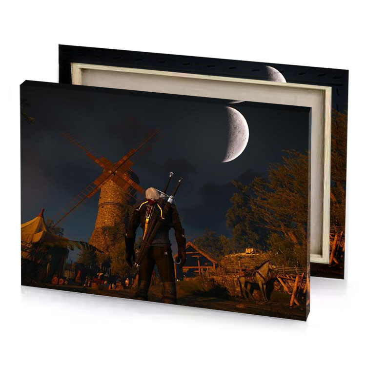 the witch in s house stands front of a windmill bistre canvas