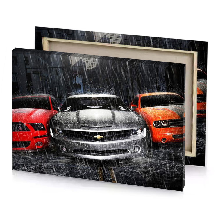 three cars in the rain white smoke canvas