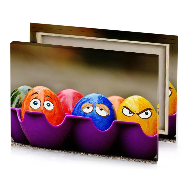 three eggs with faces painted on them cerulean blue canvas