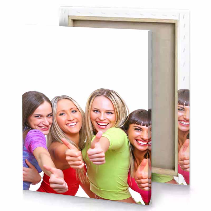 three girls pointing their thumbs at the camera white canvas
