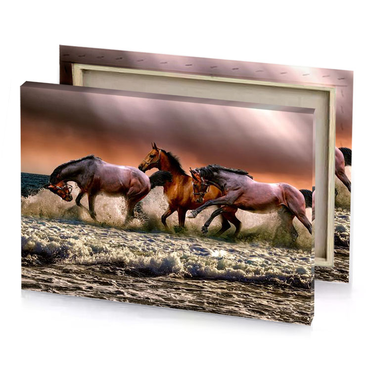 three horses running in the water garnet canvas