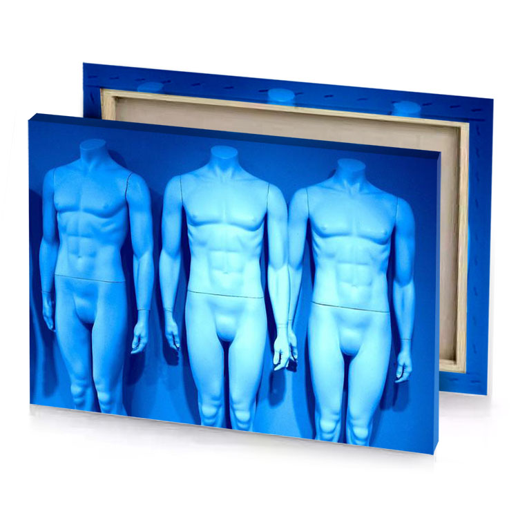 three manns in blue light pale turquoise canvas
