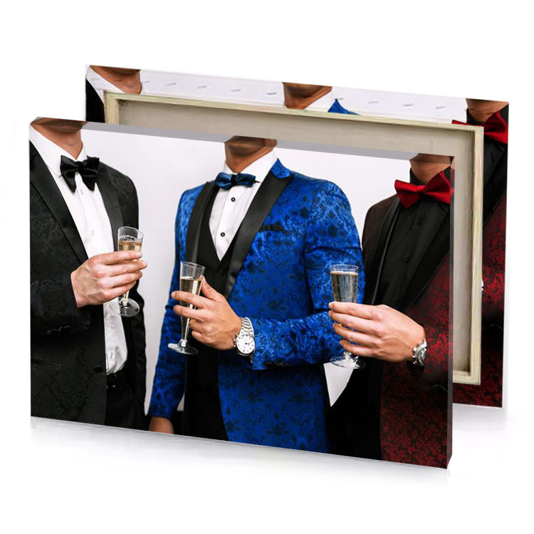 three men in tuxed suits holding glasses sapphire canvas