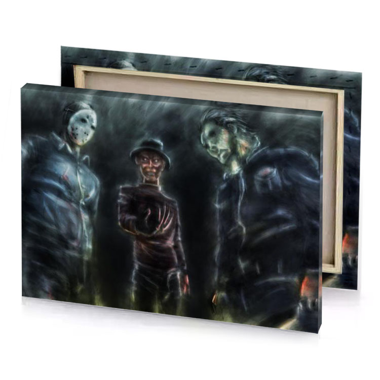 three men standing in a line with one holding knife smoky black canvas