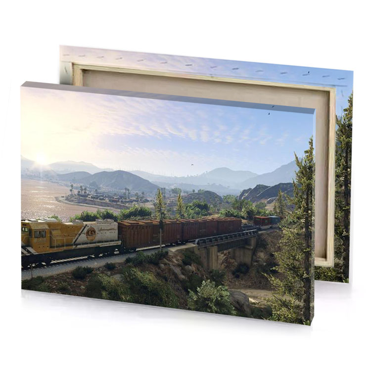 train on the tracks light steel blue canvas