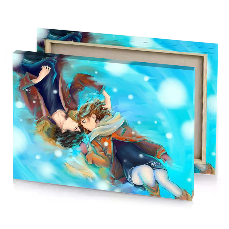 two anime characters in a blue sky tan canvas