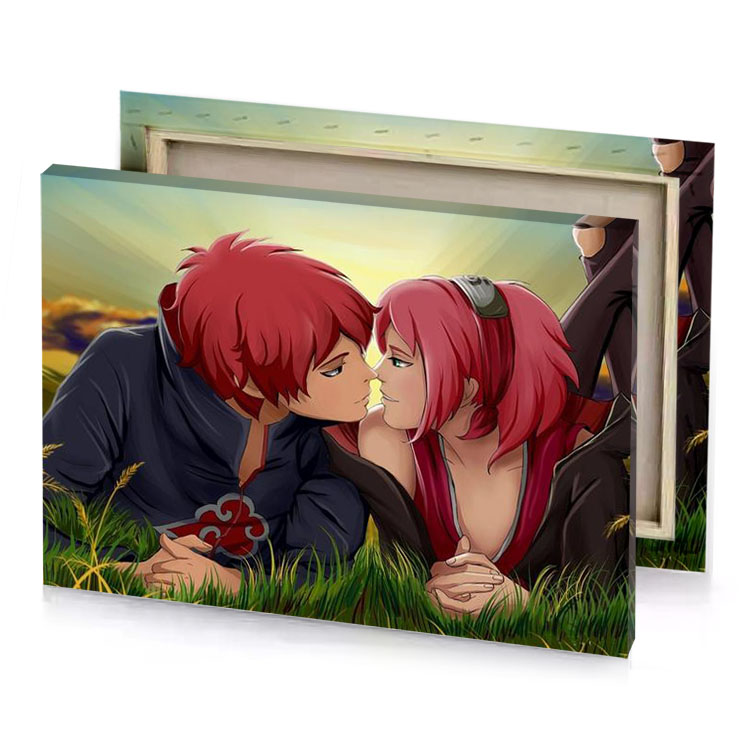 two anime characters laying in the grass brown canvas