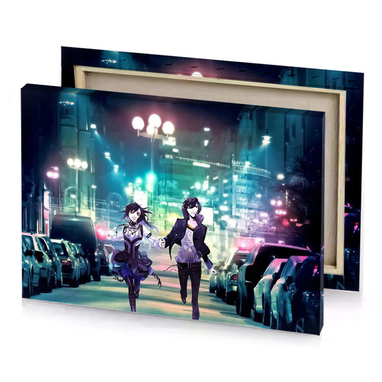 two anime girls walking down the street at night verdigris canvas