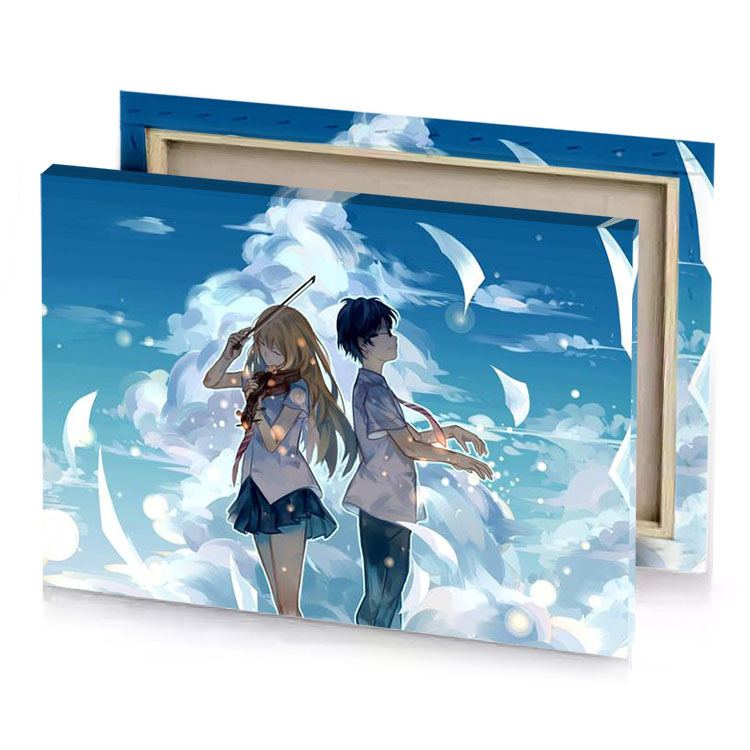 two anime girls walking through a cloud filled sky gray canvas