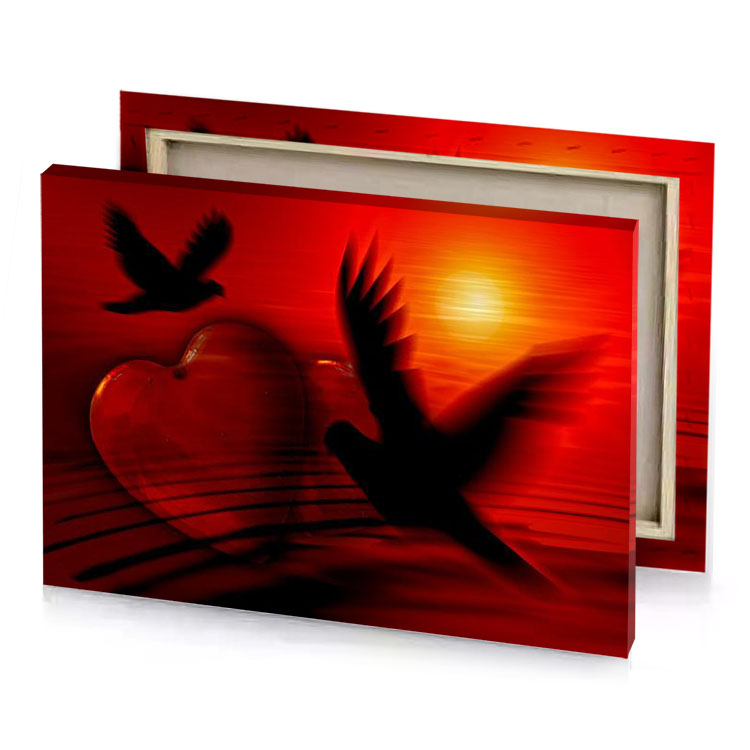 two birds flying in the air international orange canvas