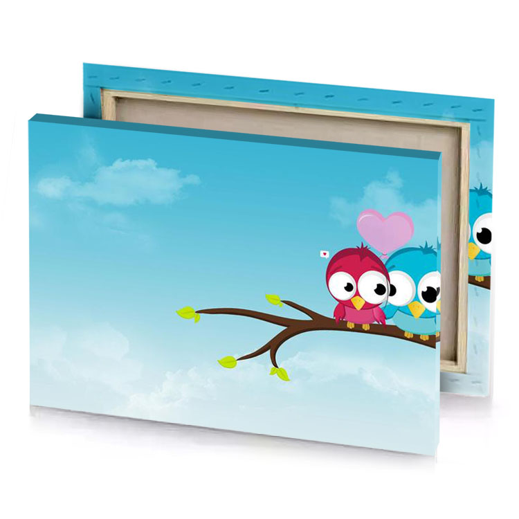 two birds sitting on a branch with heart shaped balloon sky blue canvas