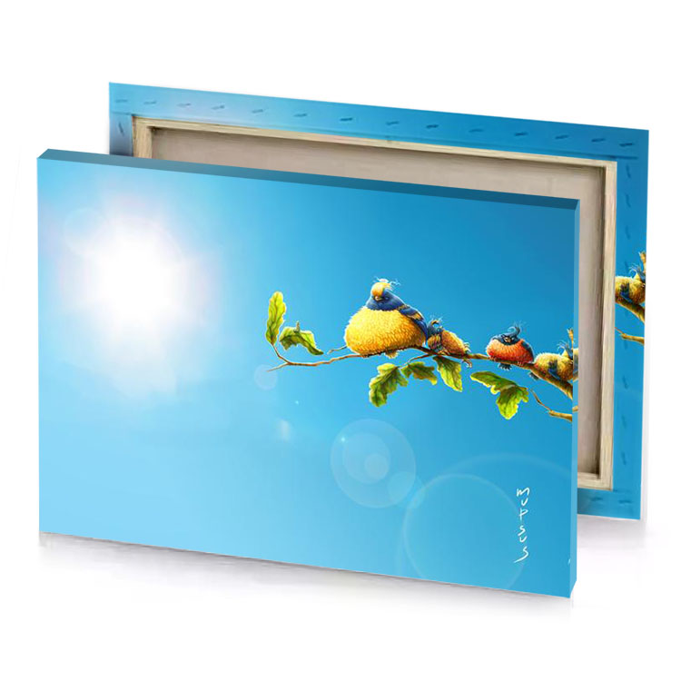 two birds sitting on a branch with leaves maximum blue canvas