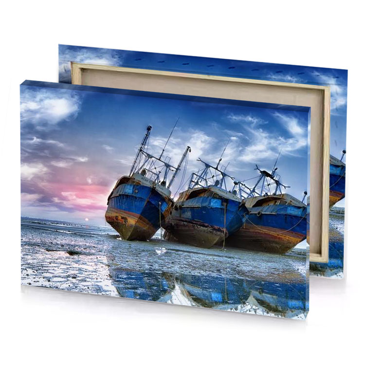 two boats are sitting on the shore of a beach smoky black canvas