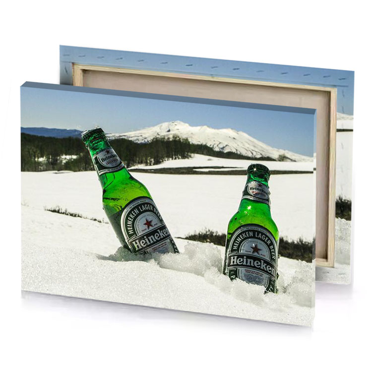 two bottles of beer sitting in the snow slimy green canvas