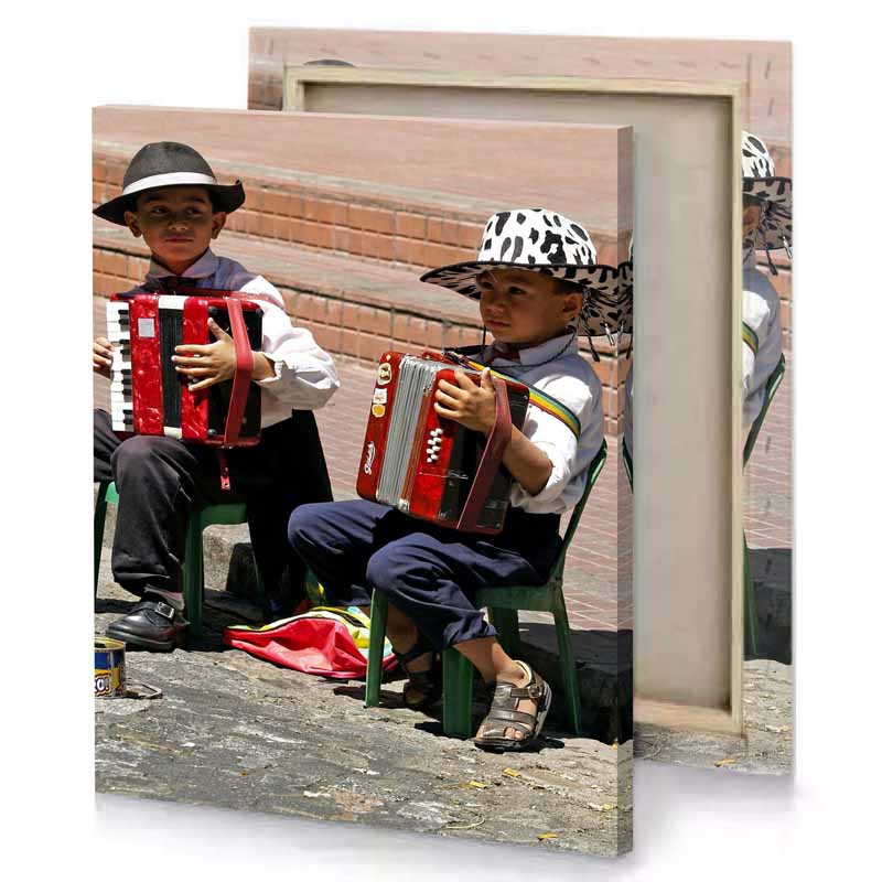 two boys sitting on a bench playing accordions rosy brown canvas