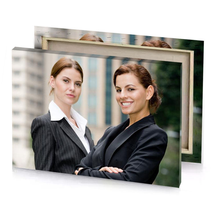 two business women standing in front of a building smoky black canvas