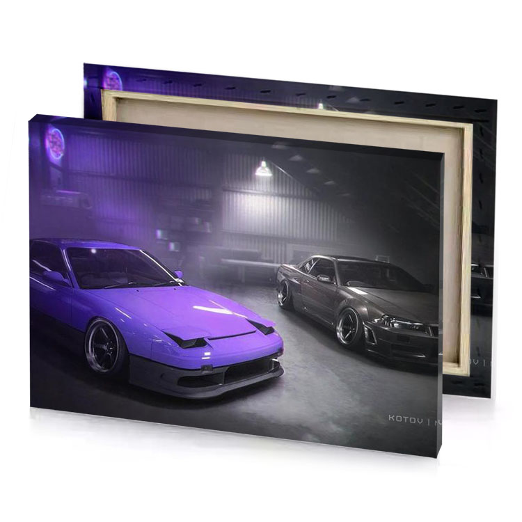 two cars in a garage with purple lights medium canvas