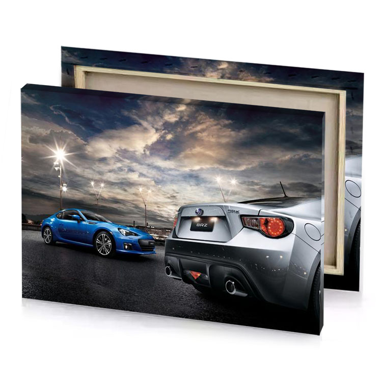 two cars parked in a parking lot with cloudy sky silver canvas