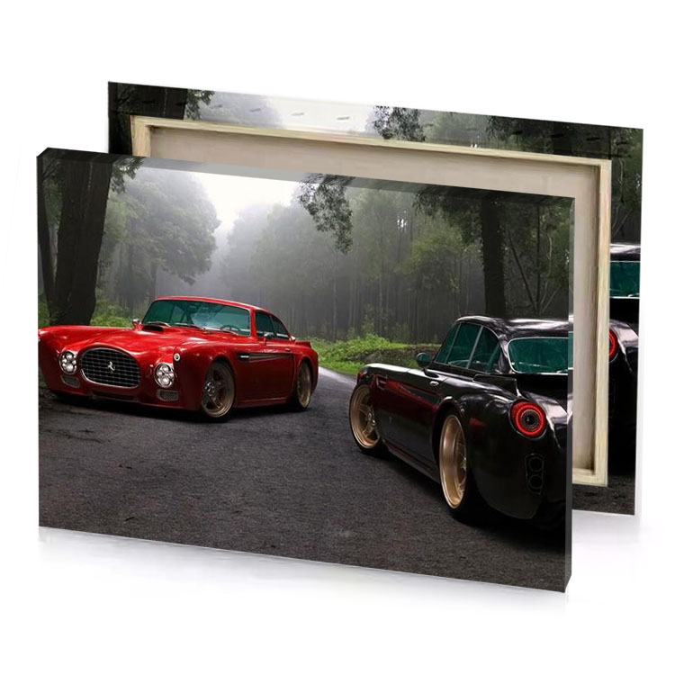 two cars parked on a road in the woods brown canvas