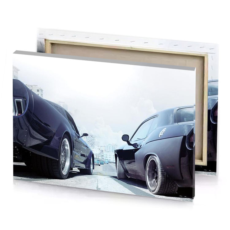 two cars parked on a street in the fog lavender canvas