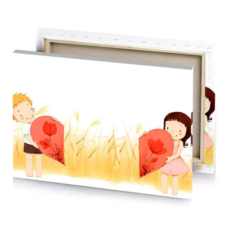 two children holding hearts in the grass coral canvas