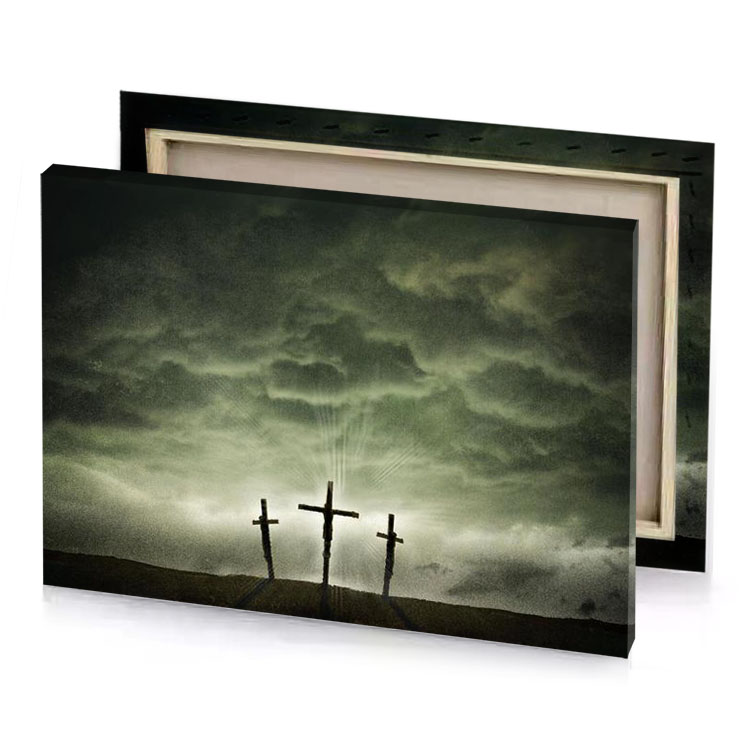 two crosses on a hill under cloudy sky camouflage green canvas