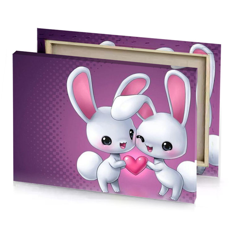 two cute rabbits holding a heart mountbatten pink canvas