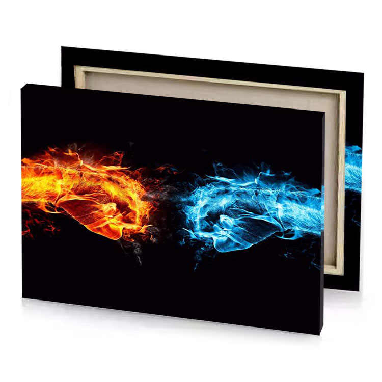 two different colored fire flames on black background mahogany canvas