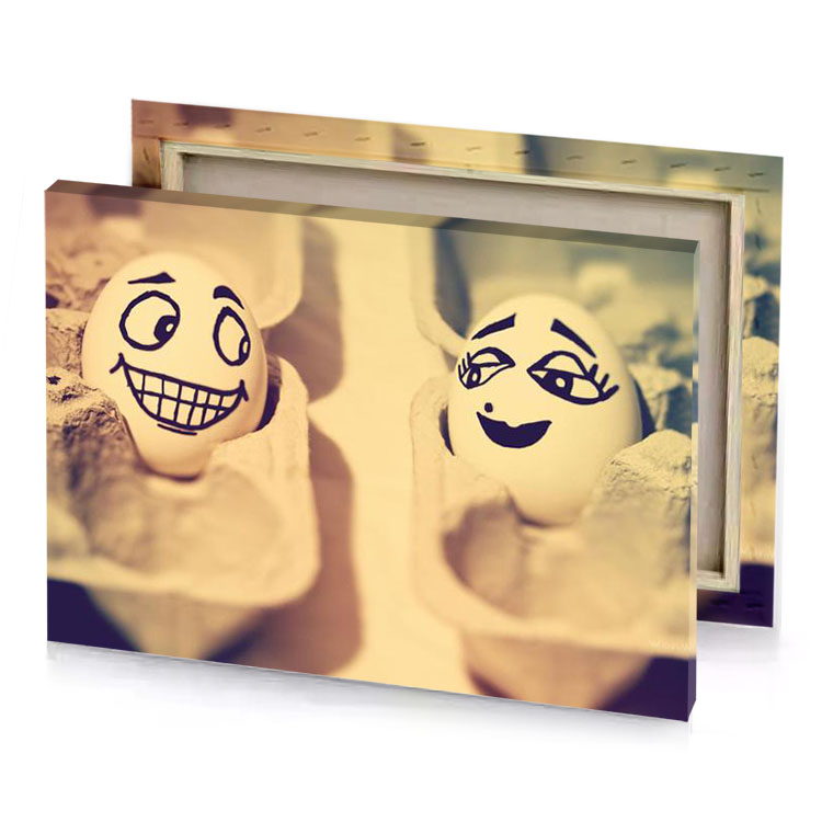 two eggs with faces painted on them rosy brown canvas