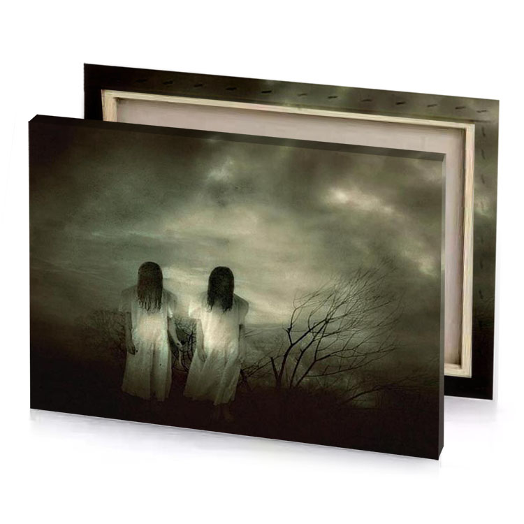 two ghostly people standing in the dark woods sea green canvas