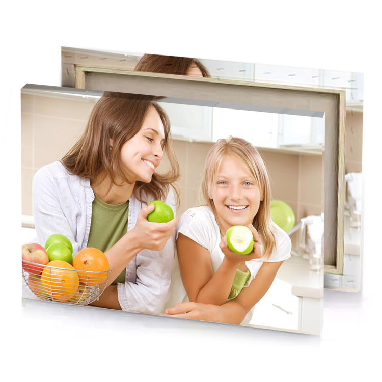 two girls are holding apples and oranges linen canvas