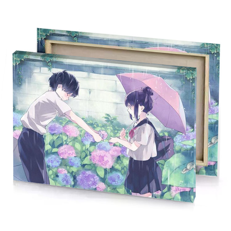 two girls standing in the rain with umbrellas white smoke canvas
