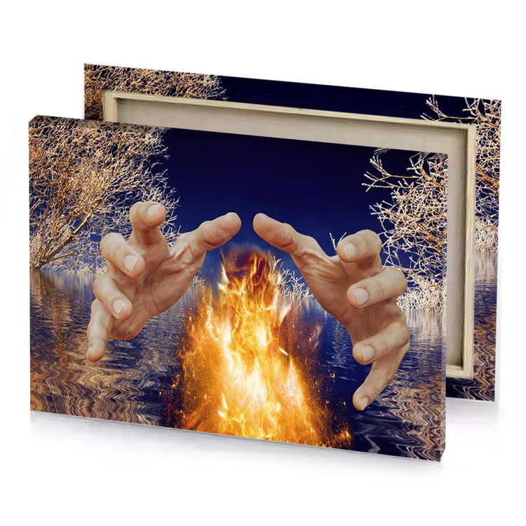 two hands are holding a fire in the water sand brown canvas