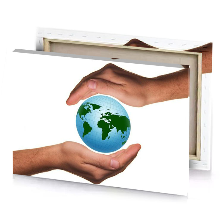 two hands holding a globe white canvas