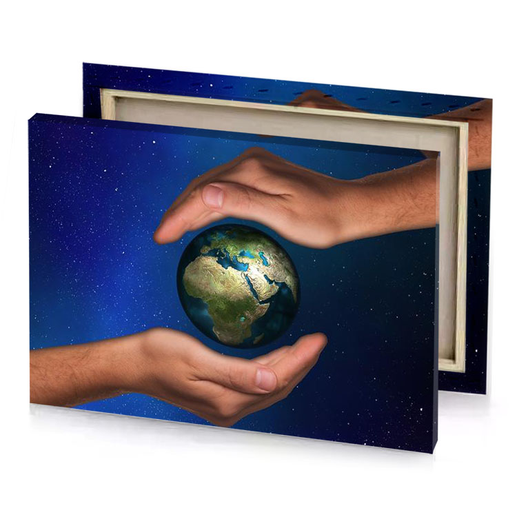 two hands holding a small earth midnight blue canvas
