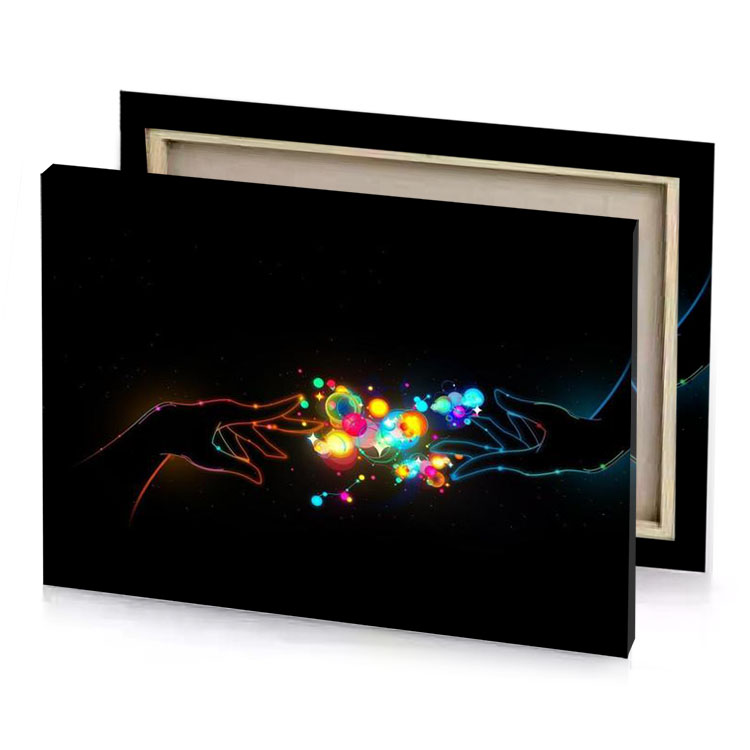 two hands holding colorful lights bistre canvas