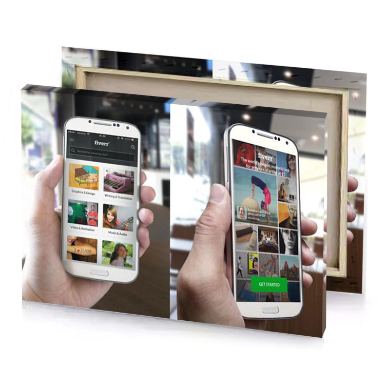 two hands holding up a cell phone with images of dim gray canvas