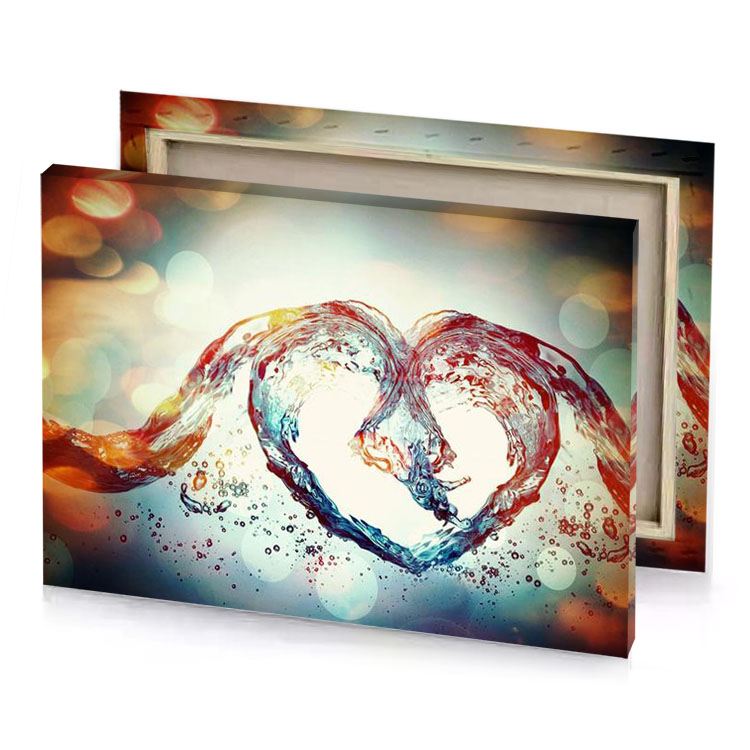 two hearts made of water on a blue background linen canvas