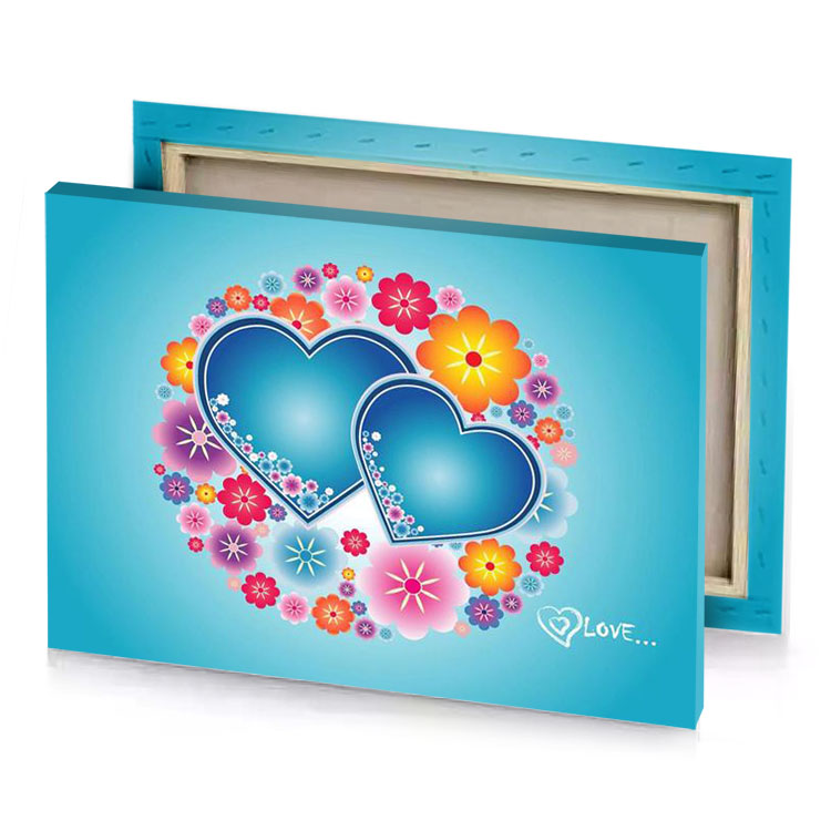two hearts with flowers on blue background sky canvas
