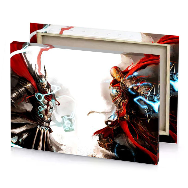 two knights fighting in a battle white smoke canvas