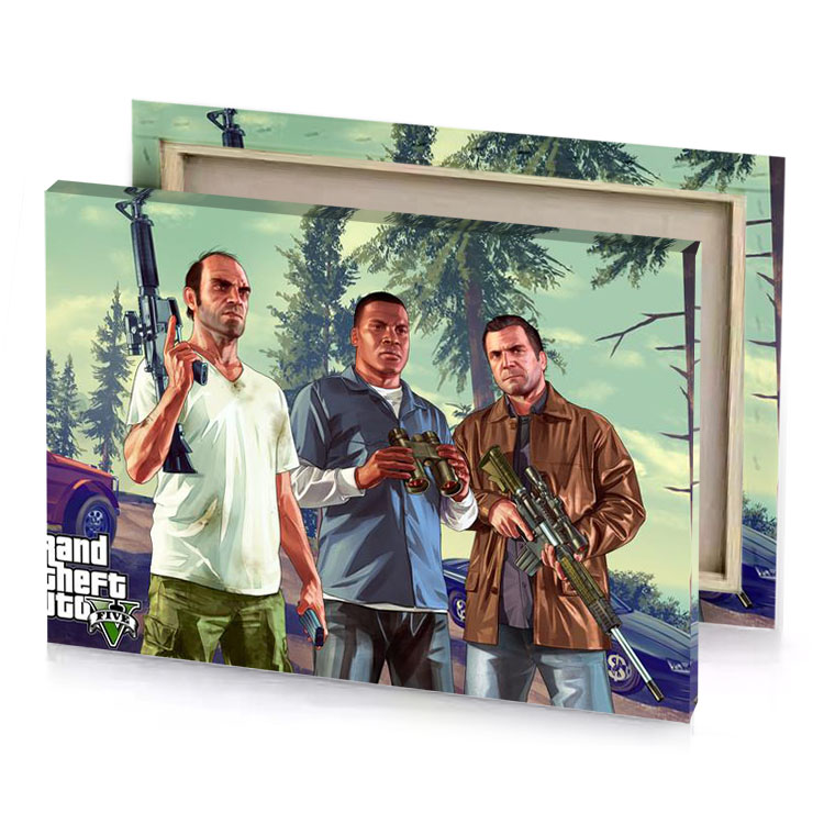 two men holding guns in a forest celadon canvas