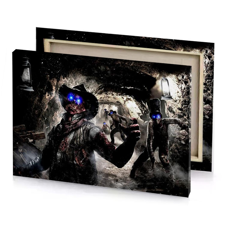 two men in a cave with blue lights gray canvas