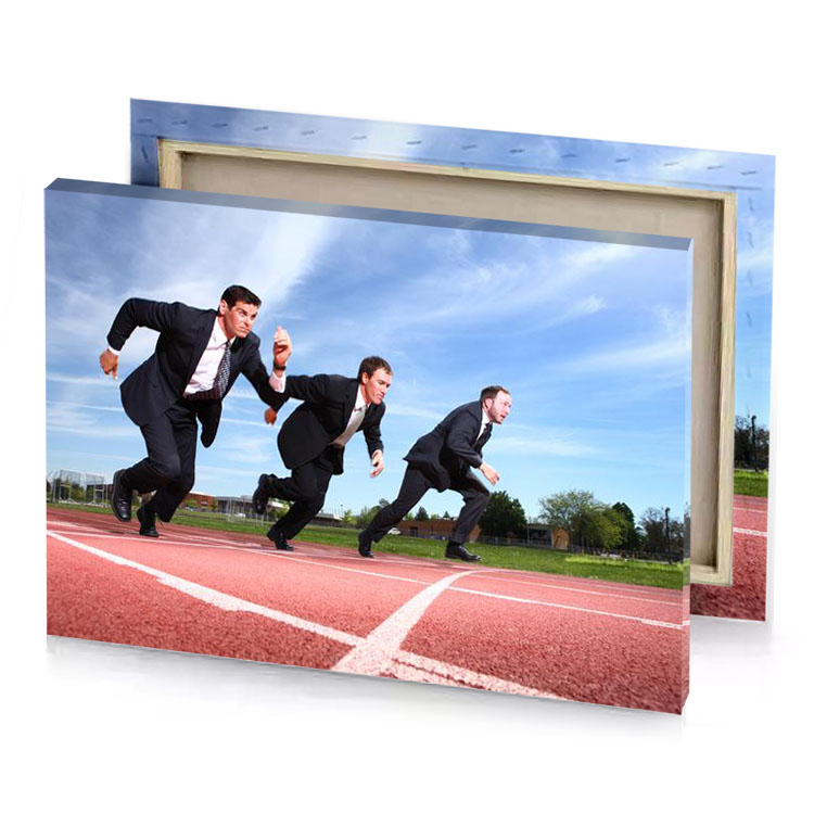 two men in suits running on a track light pink canvas