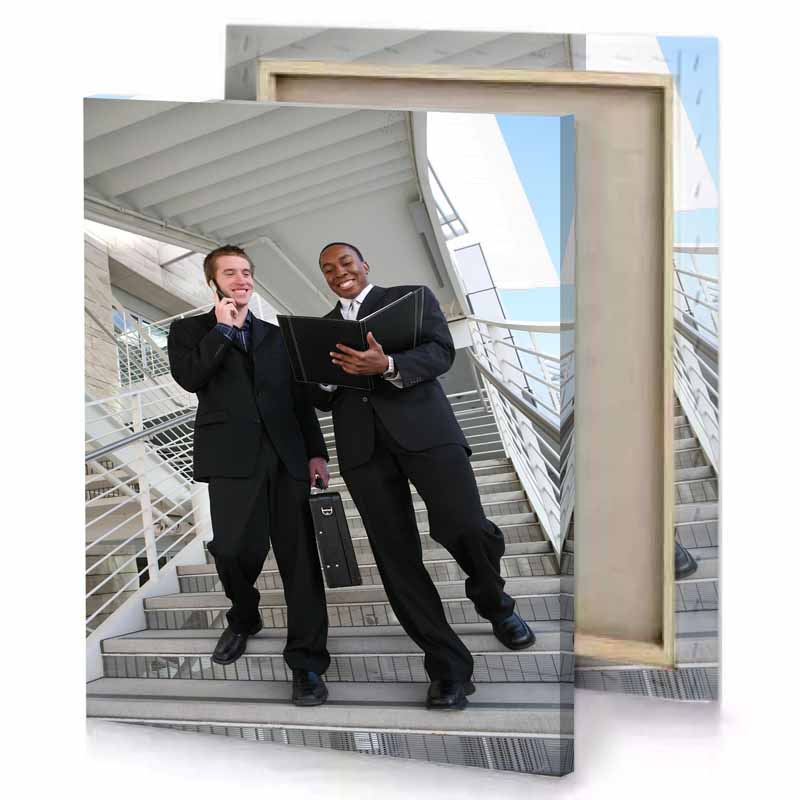 two men in suits standing on a set of stairs manatee canvas