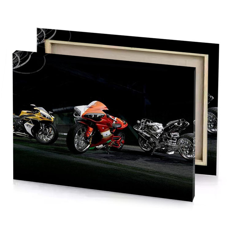two motorcycles parked in a dark room burgundy canvas