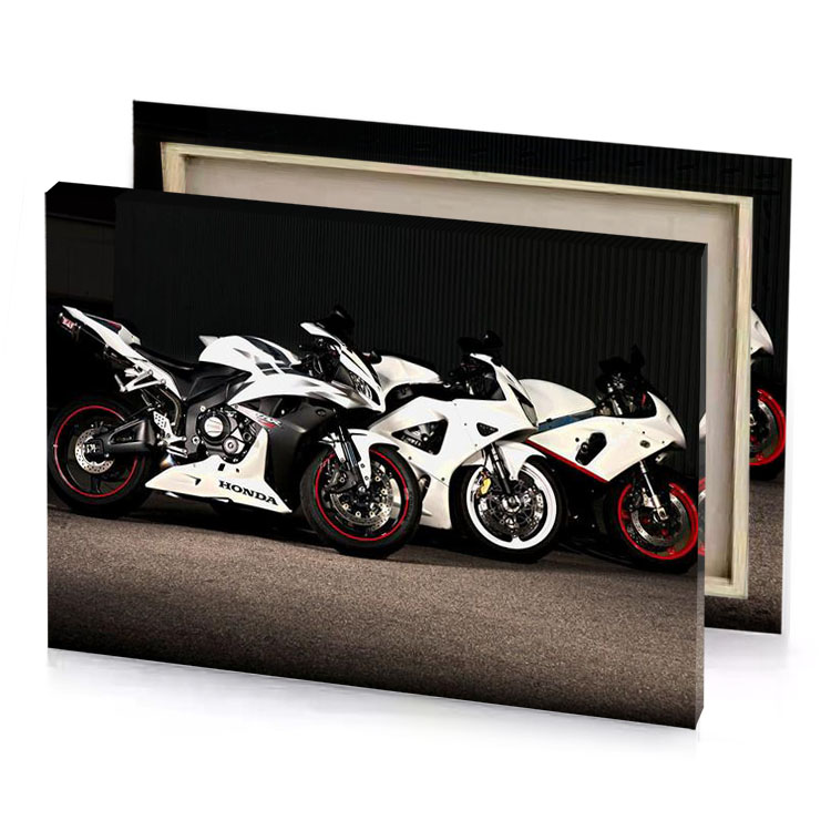 two motorcycles parked in a parking lot linen canvas