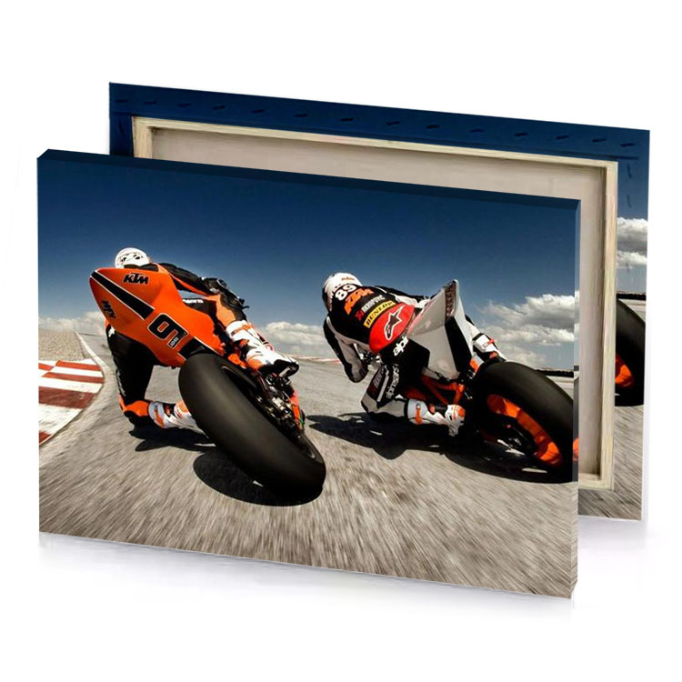 two motorcycles racing on a track smoky black canvas