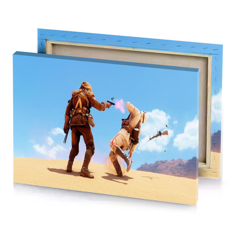 two people in desert setting sky blue canvas
